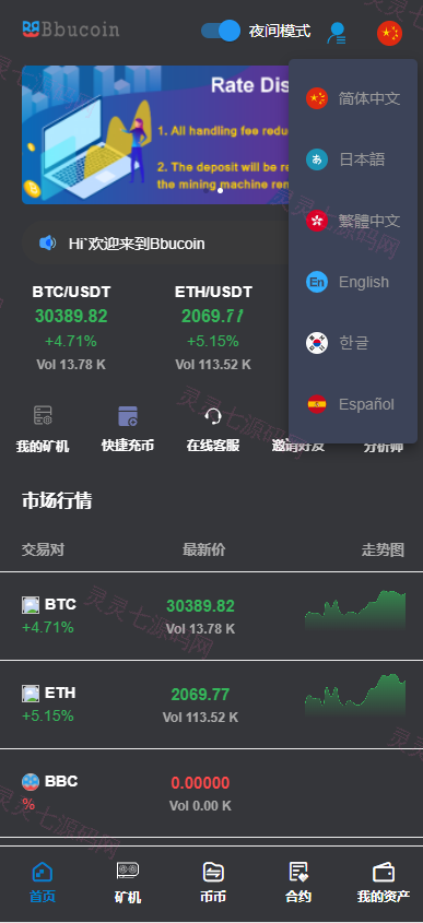 全开源Bbank多语言交易所二开平台币/矿机系统/分析师/币币合约交易 - 2